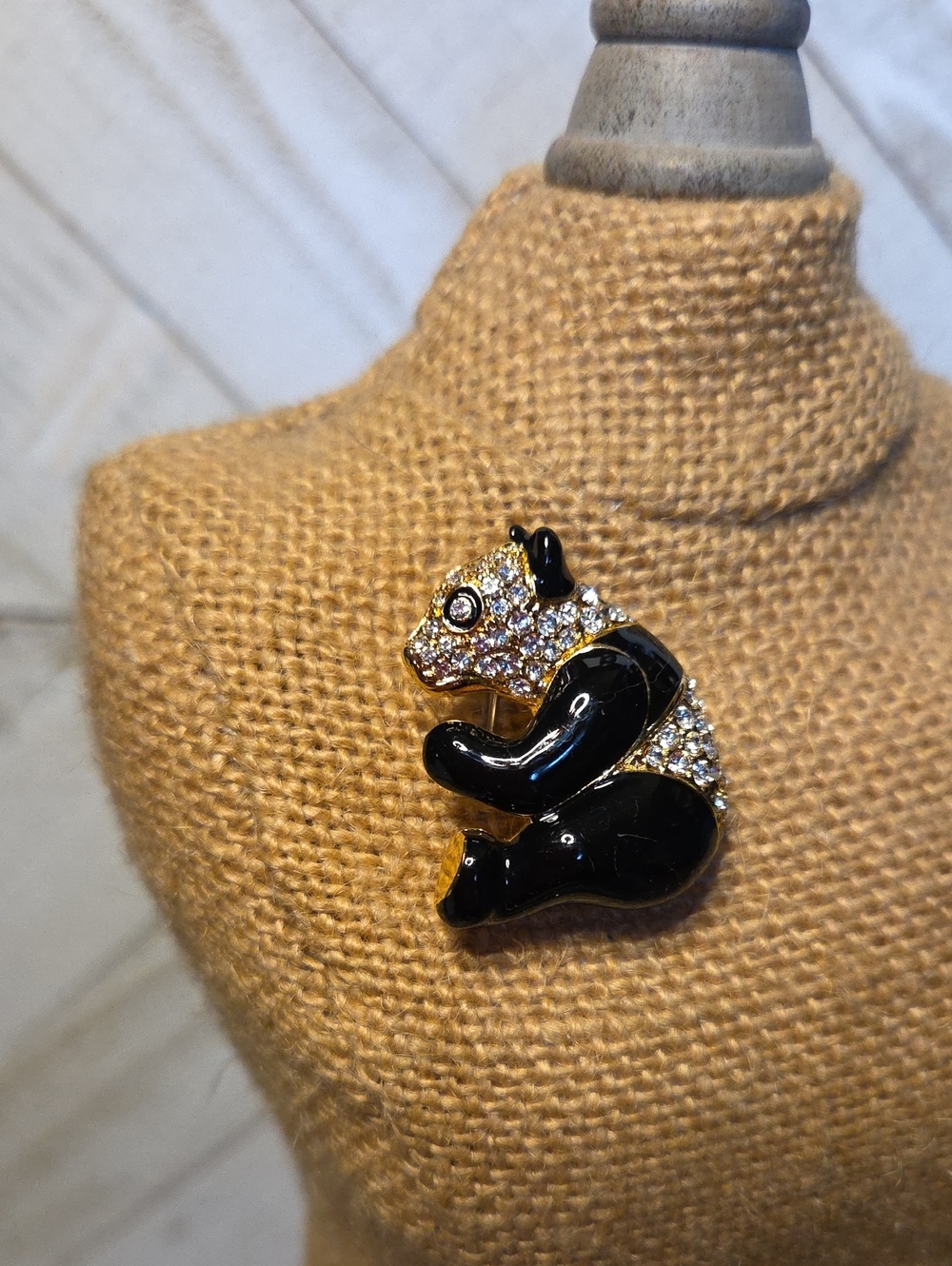 Vintage Panda Bear Enamel With Faux Crystals Brooch Pin